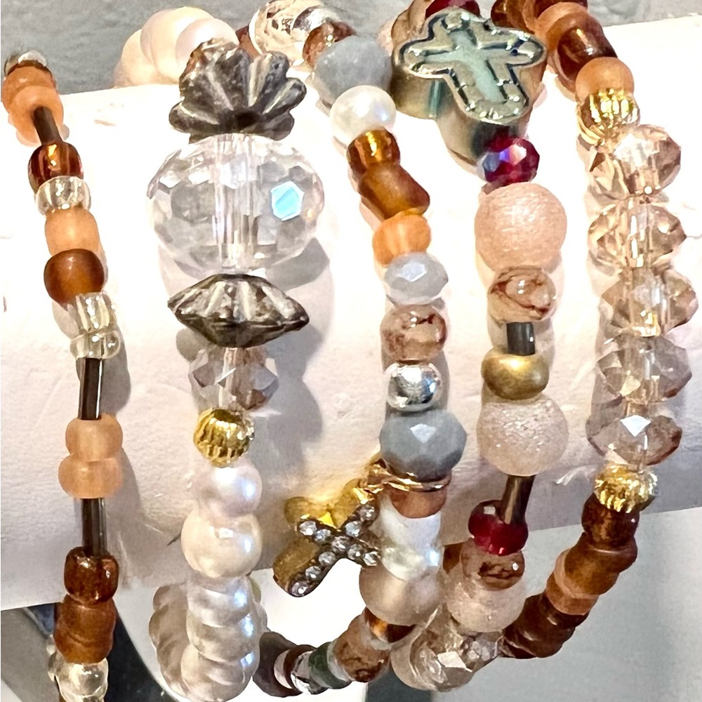 Seed beads cross and pearl stack of 5 bracelets